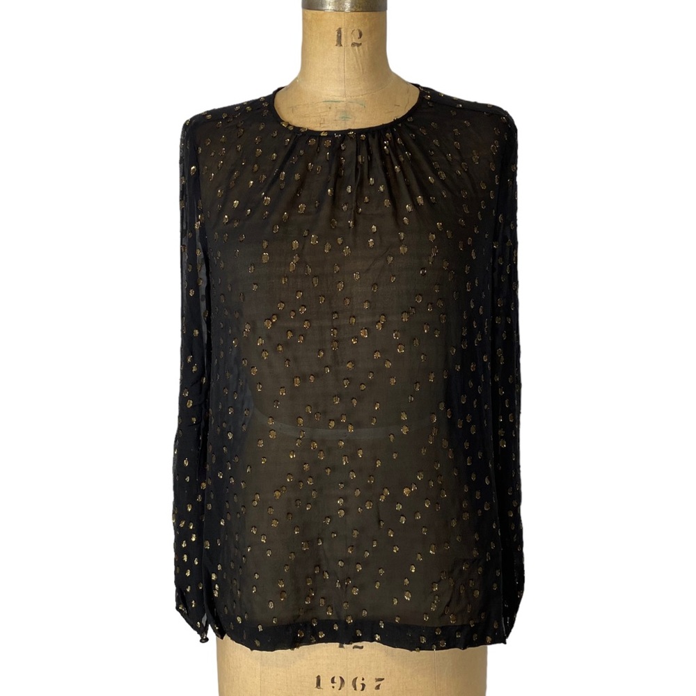 🌷 BCBGMaxAzria Black and Gold Dotted Sheer Blouse Size XS